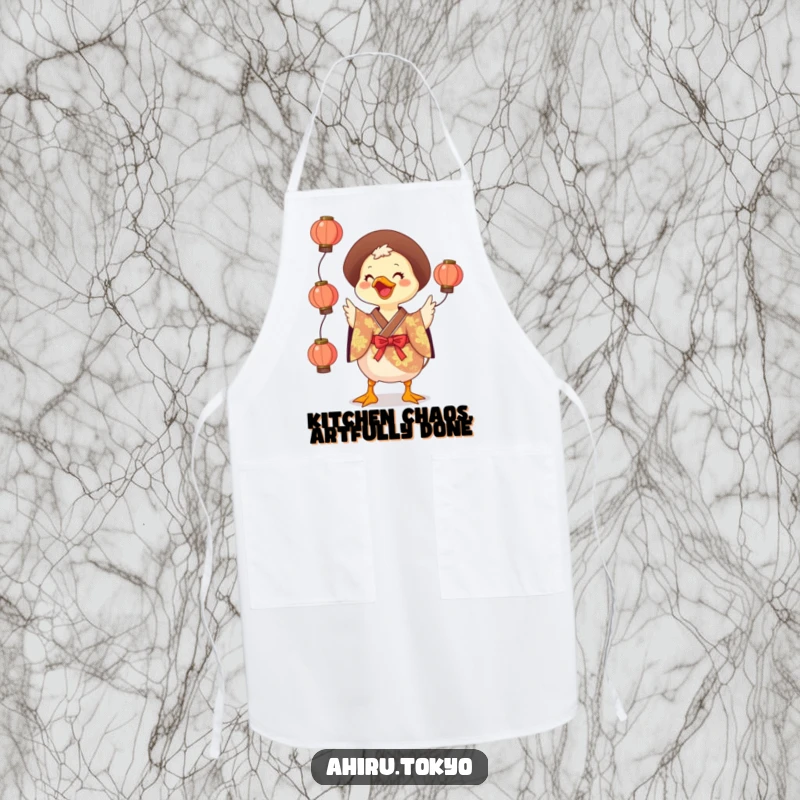 Funny Juggling Duck Apron: A smiling duck in a vibrant kimono juggles lanterns while cooking, adding humor to kitchen tasks.