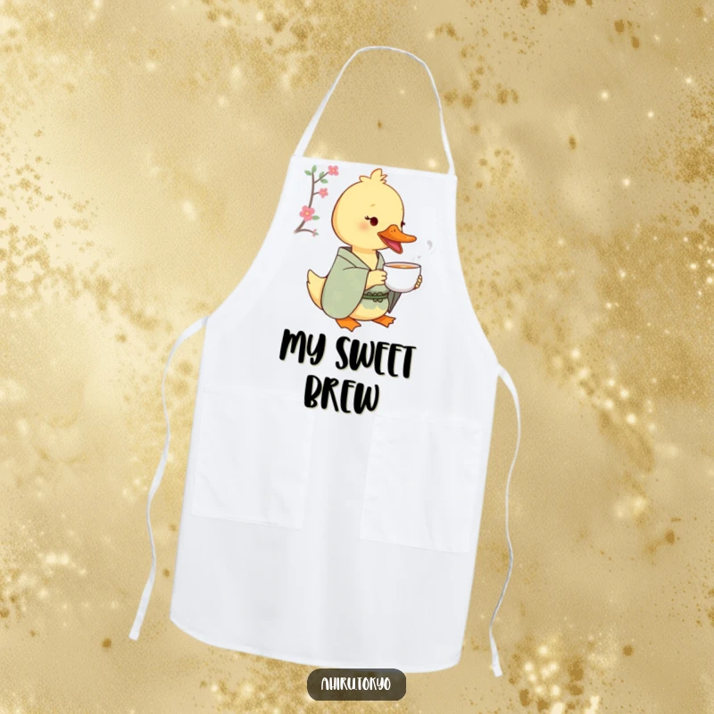 Funny Tea Sipping Duck Apron: A duck in a patterned kimono sips tea with delight while cooking, adding humor and elegance.