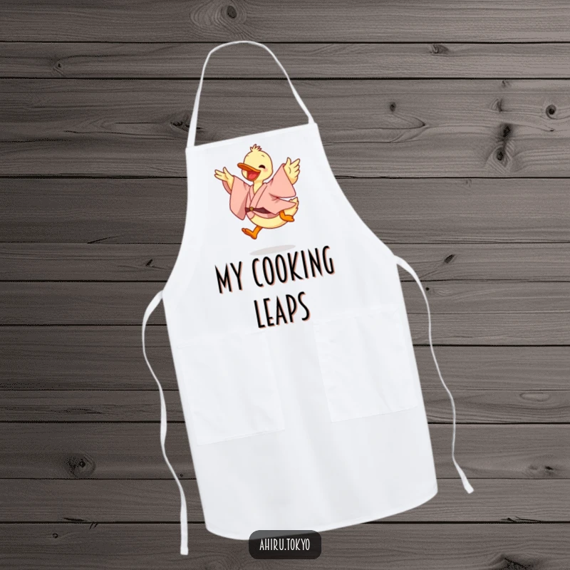 Funny Leaping Duck Apron: A duck in a flowing kimono leaps energetically while cooking, adding humor and style to kitchen tasks.