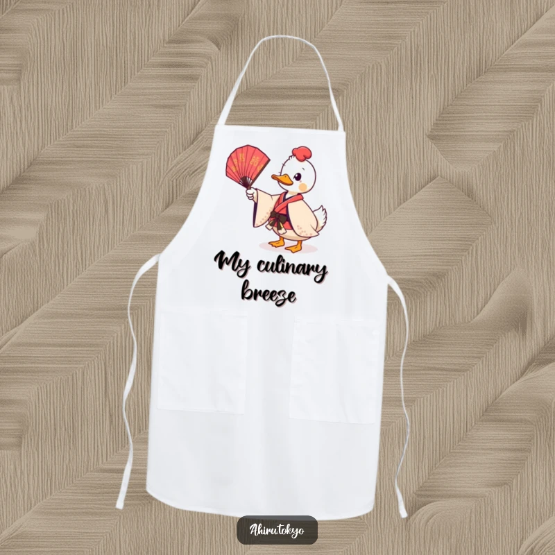 Funny Twirling Fan Duck Apron: A duck in a ceremonial kimono twirls a fan while cooking, adding humor and sophistication.