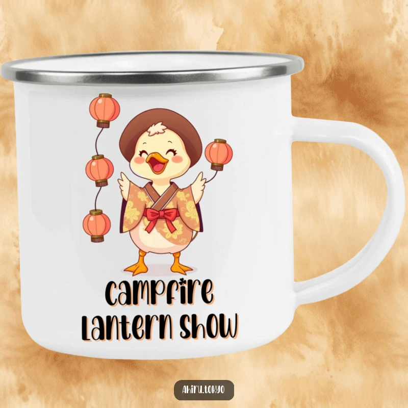 Funny Juggling Duck Camping Mug: A smiling duck in a kimono juggles lanterns, ready for outdoor adventures and warm beverages.