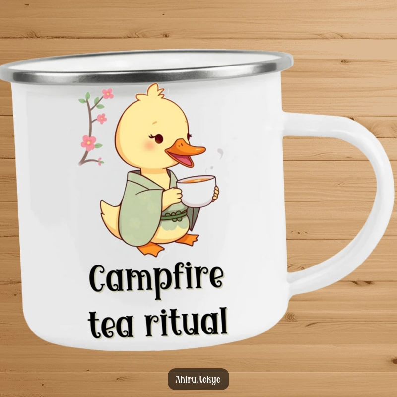 Funny Tea Sipping Duck Camping Mug: A duck in a patterned kimono sips tea with delight, ready for outdoor moments and warm beverages.