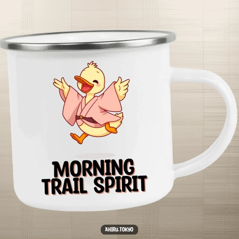 Funny Leaping Duck Camping Mug: A duck in a flowing kimono leaps energetically, ready for outdoor adventures and warm beverages.