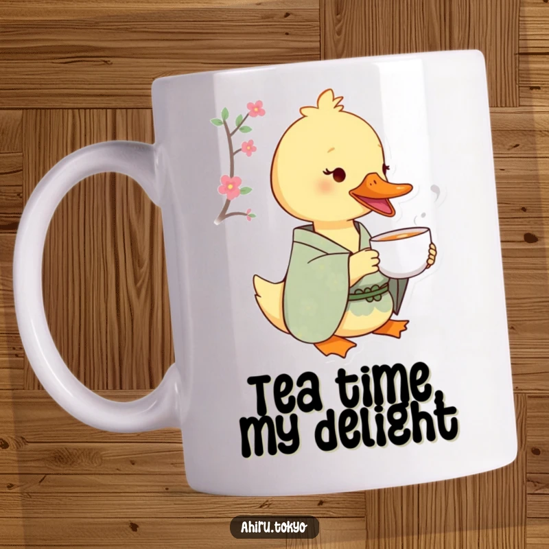 Funny Tea Sipping Duck Mug: A duck in a patterned kimono delicately sips tea from a tiny cup with an expression of pure delight.