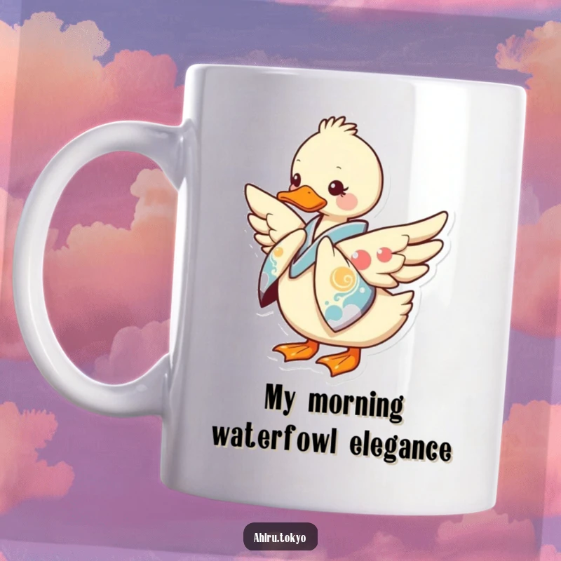 Funny Kimono Duck Mug: A graceful duck in a colorful kimono bows politely, one wing extended in a charming gesture of respect.