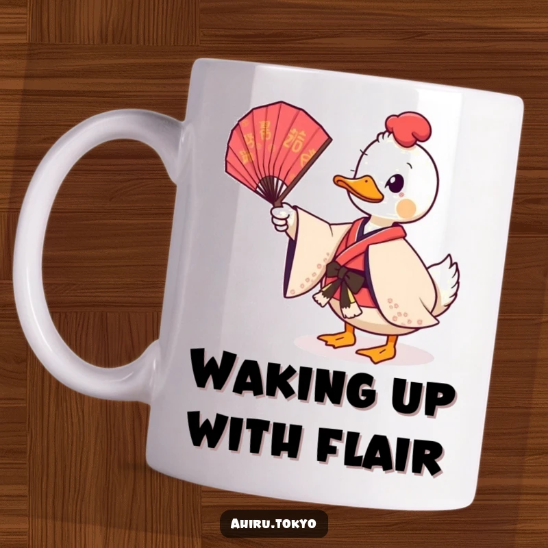 Funny Twirling Fan Duck Mug: A duck in a ceremonial kimono playfully twirls a decorative fan, showcasing elegant humor.