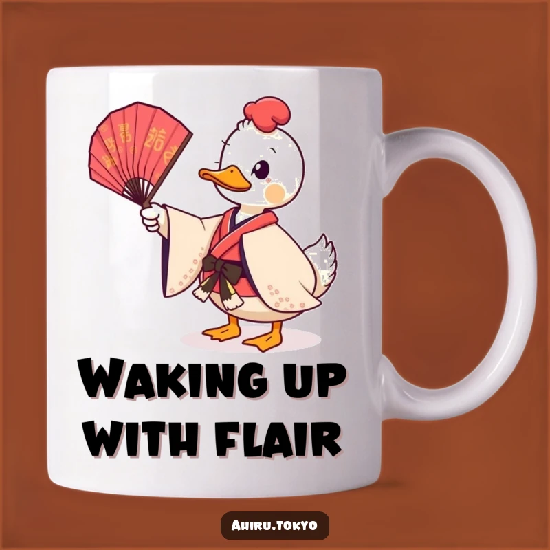 Funny Twirling Fan Duck Mug: Ceremonial Kimono, Playful Humor Gift