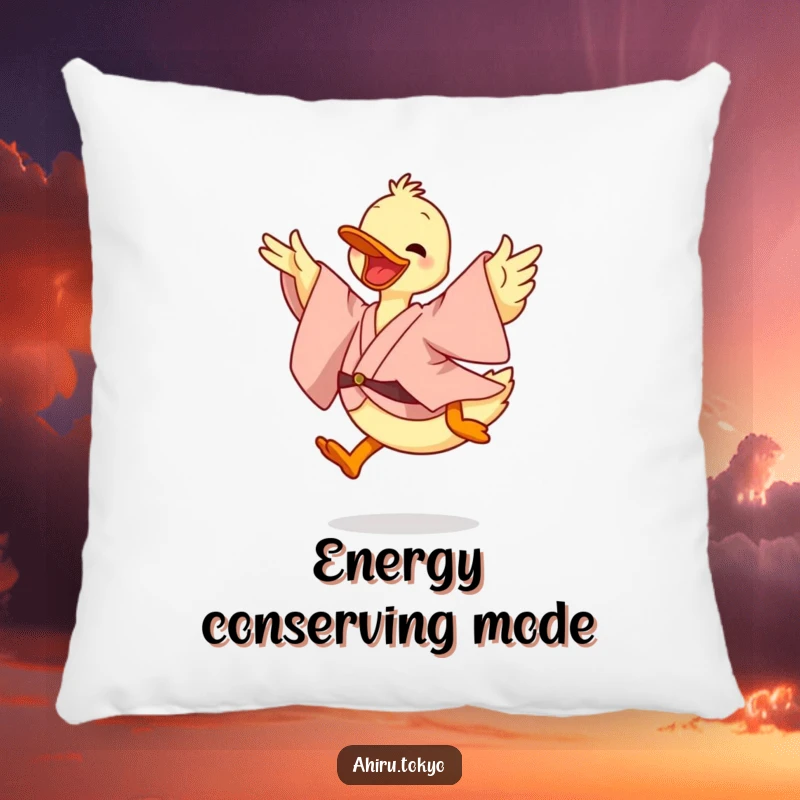 Funny Leaping Duck Pillow: A soft pillow featuring a duck in a flowing kimono leaping energetically, bringing comfort and playful humor.