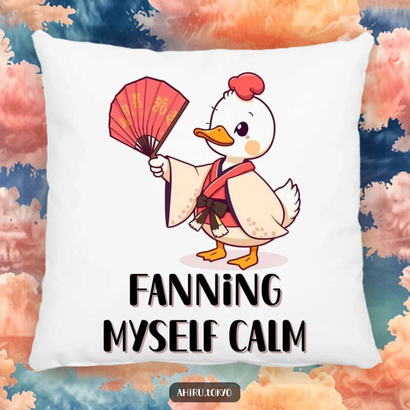 Funny Twirling Fan Duck Pillow: A soft pillow featuring a duck in a ceremonial kimono twirling a fan, bringing comfort and playful humor.