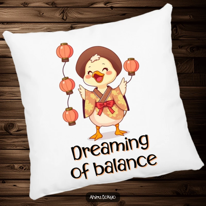 Funny Juggling Duck Pillow: A soft pillow featuring a cheerful duck in a vibrant kimono juggling small lanterns, bringing comfort and humor.