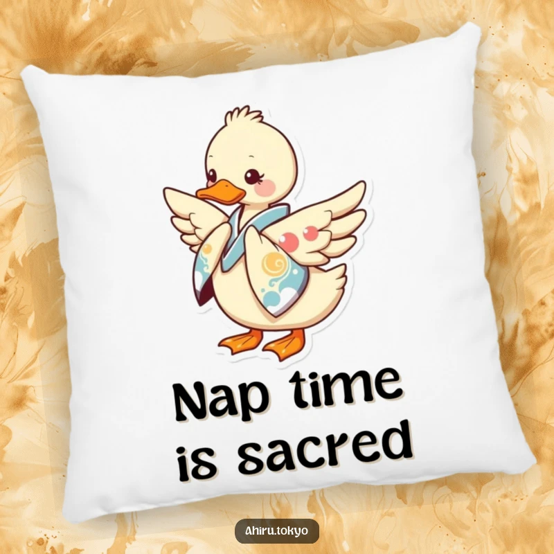 Funny Kimono Duck Pillow: A plush pillow showcasing a duck in a kimono bowing gracefully, offering comfort and a smile.