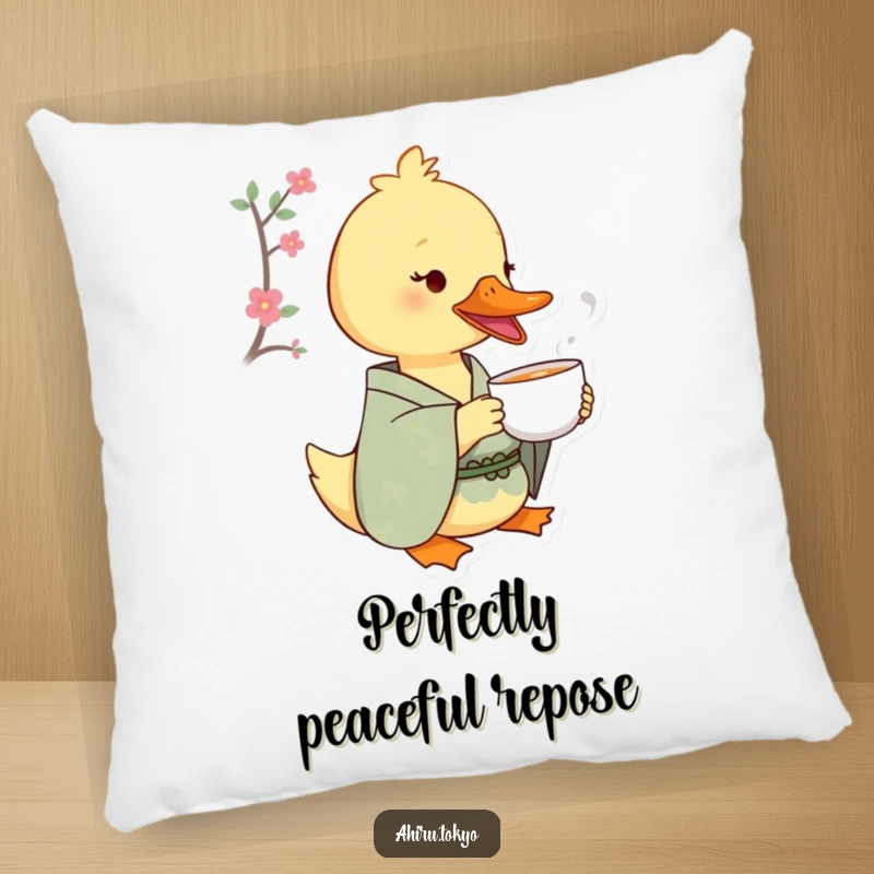 Funny Tea Sipping Duck Pillow: A soft pillow featuring a duck in a patterned kimono sipping tea with delight, bringing comfort and humor.