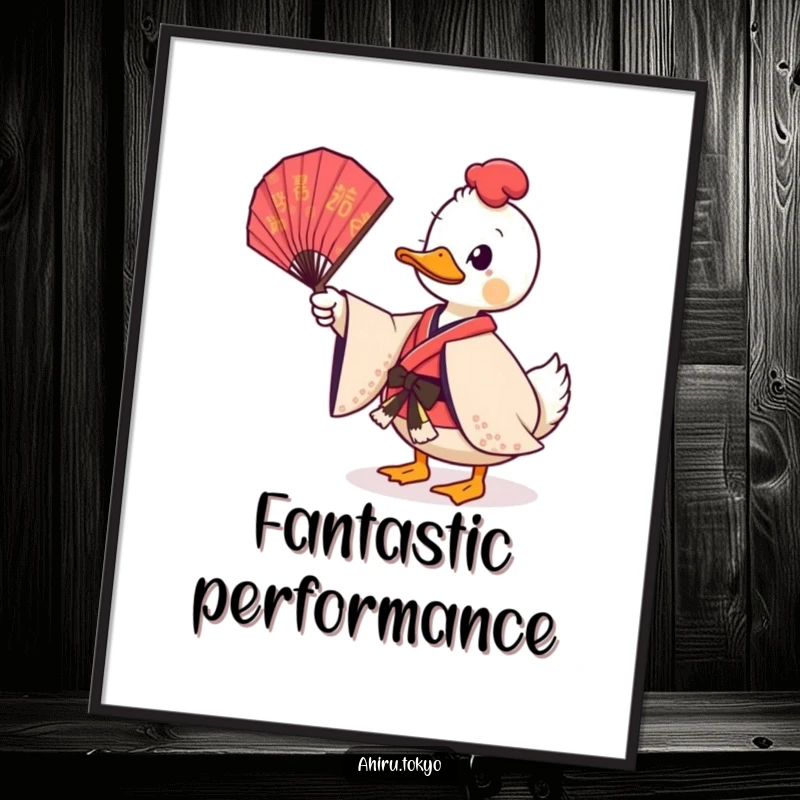 Funny Twirling Fan Duck Digital Art Print: A duck in a ceremonial kimono playfully twirls a decorative fan, exuding elegant humor.