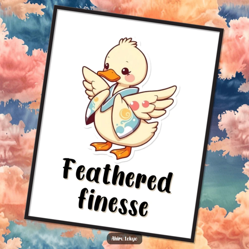 Funny Kimono Duck Digital Art Print: A graceful duck adorned in a colorful kimono performs a polite bow, exuding whimsical charm.