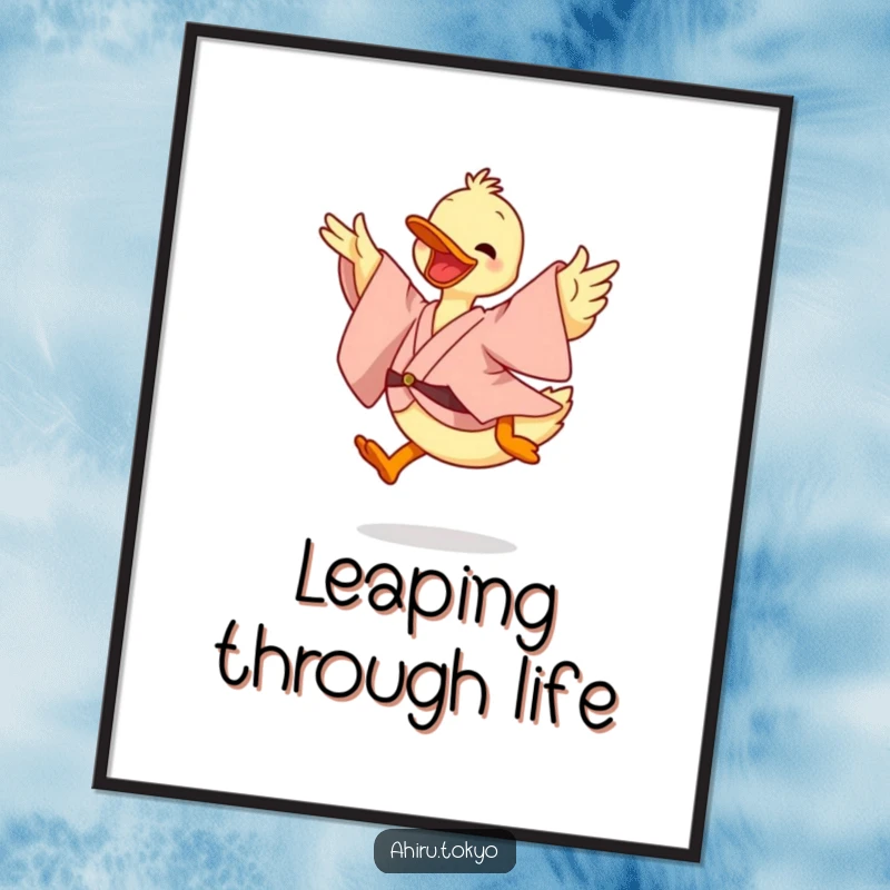 Funny Leaping Duck Digital Art Print: A duck in a flowing kimono performs a cheerful, energetic leap, radiating pure, playful humor.
