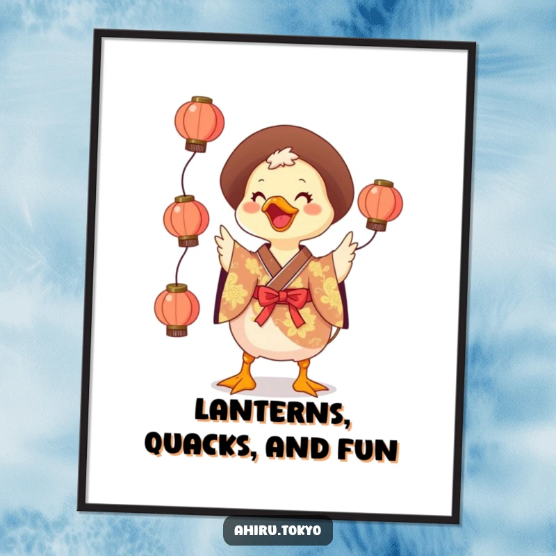 Funny Juggling Duck Digital Art Print: A smiling duck in a vibrant kimono skillfully juggles three small lanterns, radiating pure, playful humor.