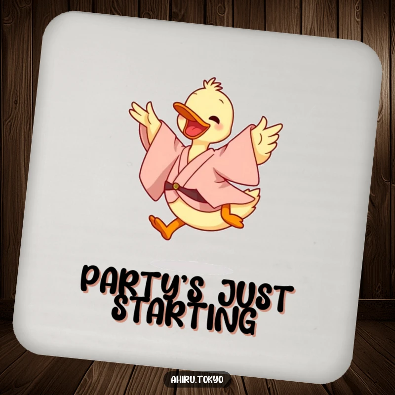 Funny Leaping Duck Coaster: A duck in a flowing kimono leaps energetically, providing humorous table protection with a dynamic design.