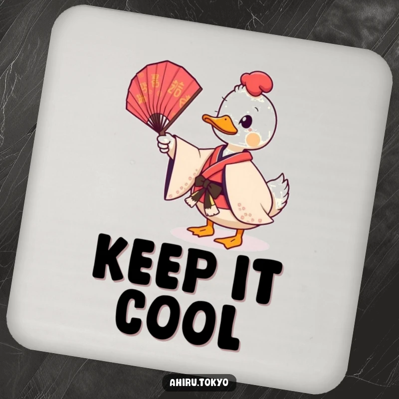 Funny Twirling Fan Duck Coaster: A duck in a ceremonial kimono twirls a fan, providing humorous table protection with elegant flair.