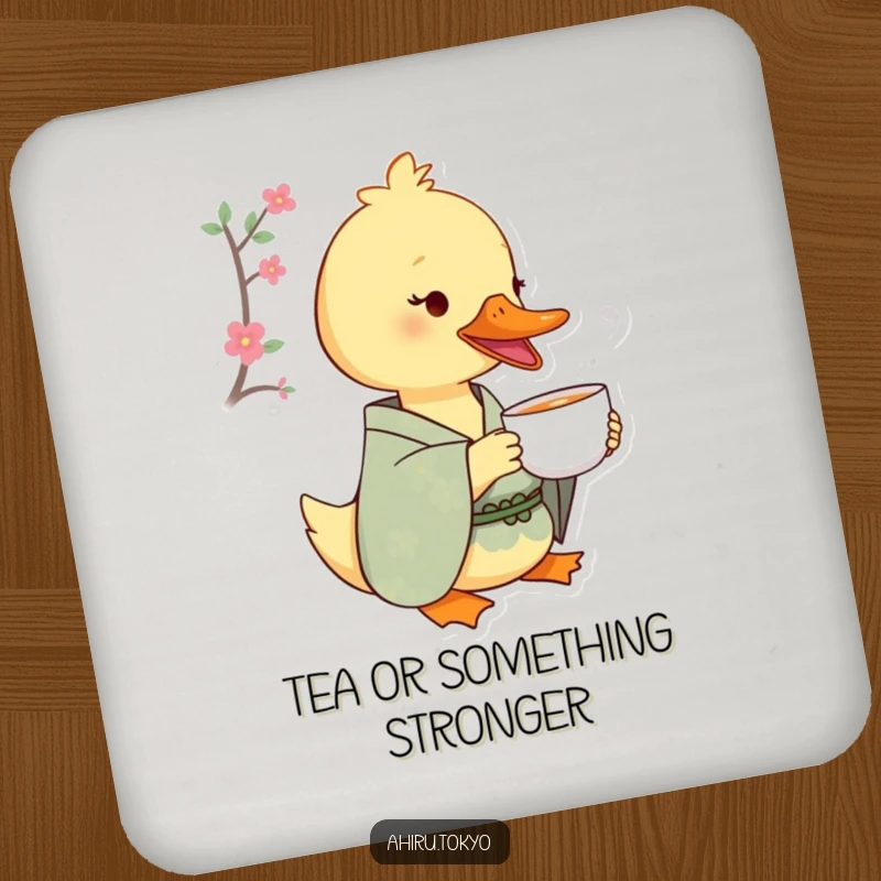 Funny Tea Sipping Duck Coaster: A duck in a patterned kimono sips tea with delight, providing humorous table protection with a serene design.