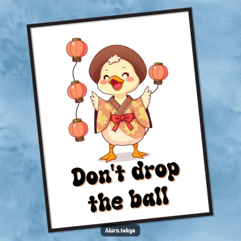 Funny Juggling Duck Poster: A smiling duck in a colorful kimono playfully juggles three round lanterns, creating a joyous and humorous scene.