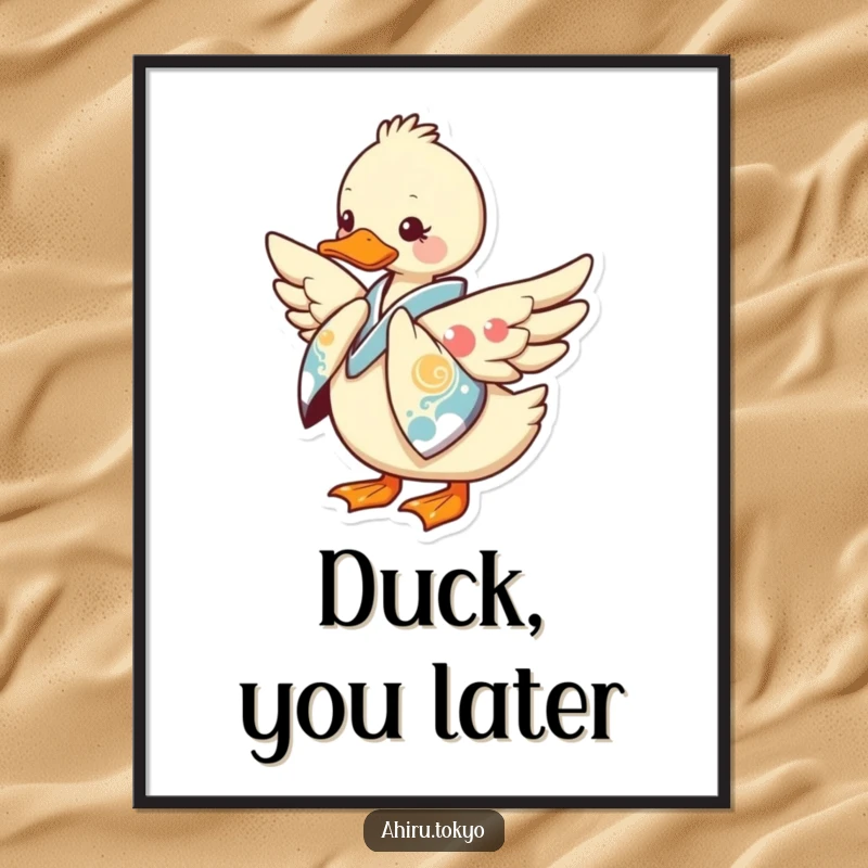 Funny Kimono Duck Poster: An artistic depiction of a duck in a beautiful kimono performing a respectful, graceful bow, bringing joy.