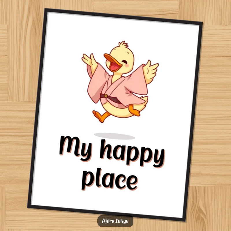 Funny Leaping Duck Poster: A duck in a flowing kimono performs a cheerful, energetic leap, creating a dynamic and humorous visual.