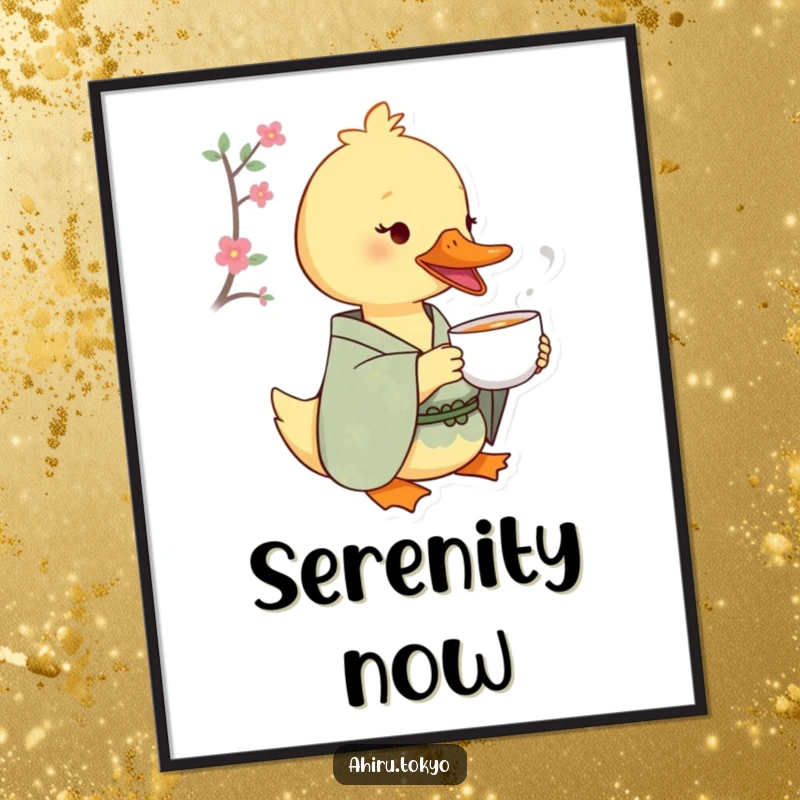 Funny Tea Sipping Duck Poster: A duck in a patterned kimono delicately sips tea from a tiny cup, exuding peaceful delight and humor.