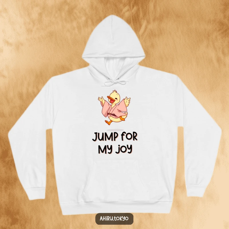 Funny Leaping Duck Hoodie: A duck in a flowing kimono leaps with energy, offering cozy comfort and a humorous, spirited design.