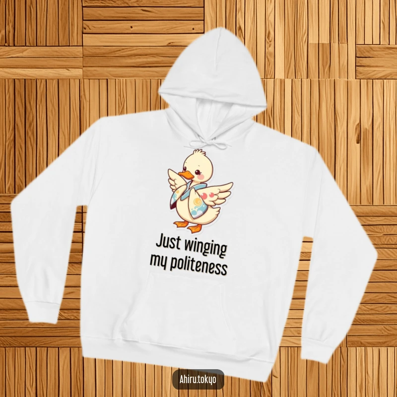 Funny Kimono Duck Hoodie: A stylish duck in a colorful kimono bows elegantly, offering a touch of whimsical warmth and humor.
