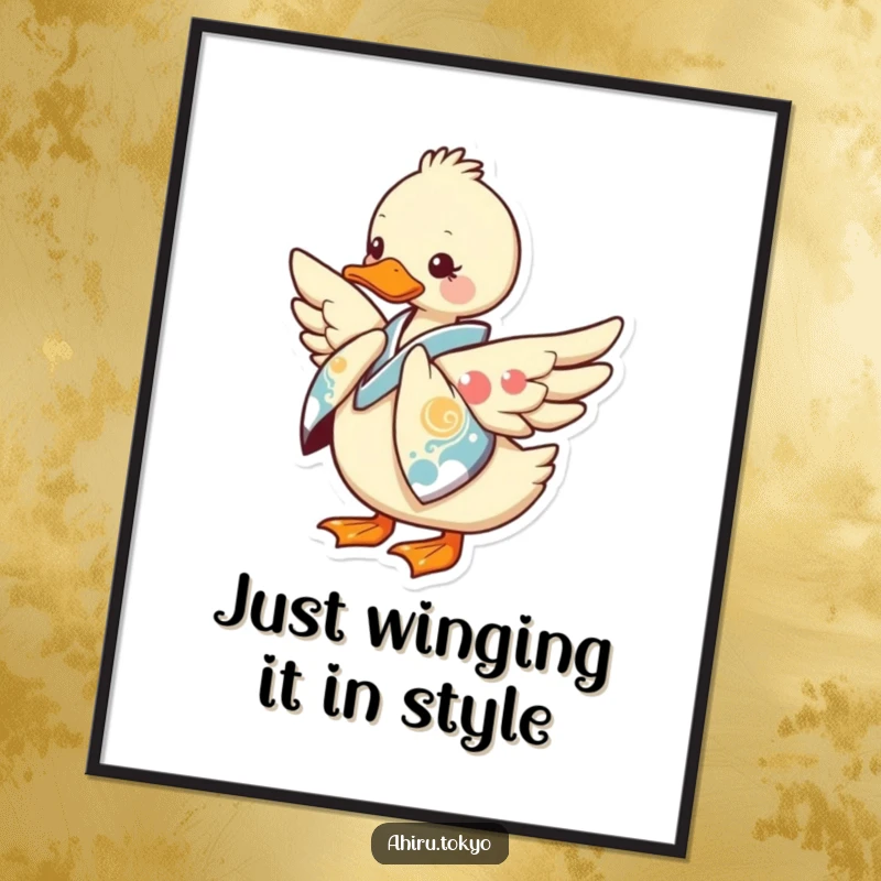 Funny Free Printable Wall Art featuring a duck in a colorful kimono bowing with one wing extended, a humorous artistic display.