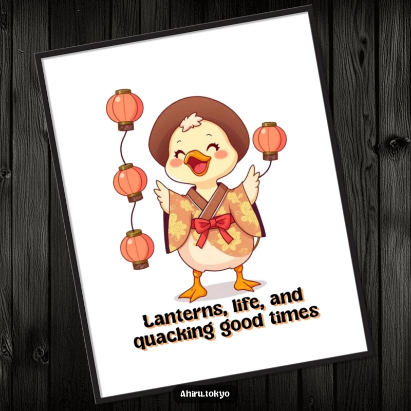 Funny Free Printable Wall Art: A smiling duck in a vibrant kimono playfully juggles three glowing lanterns with skill and charm.