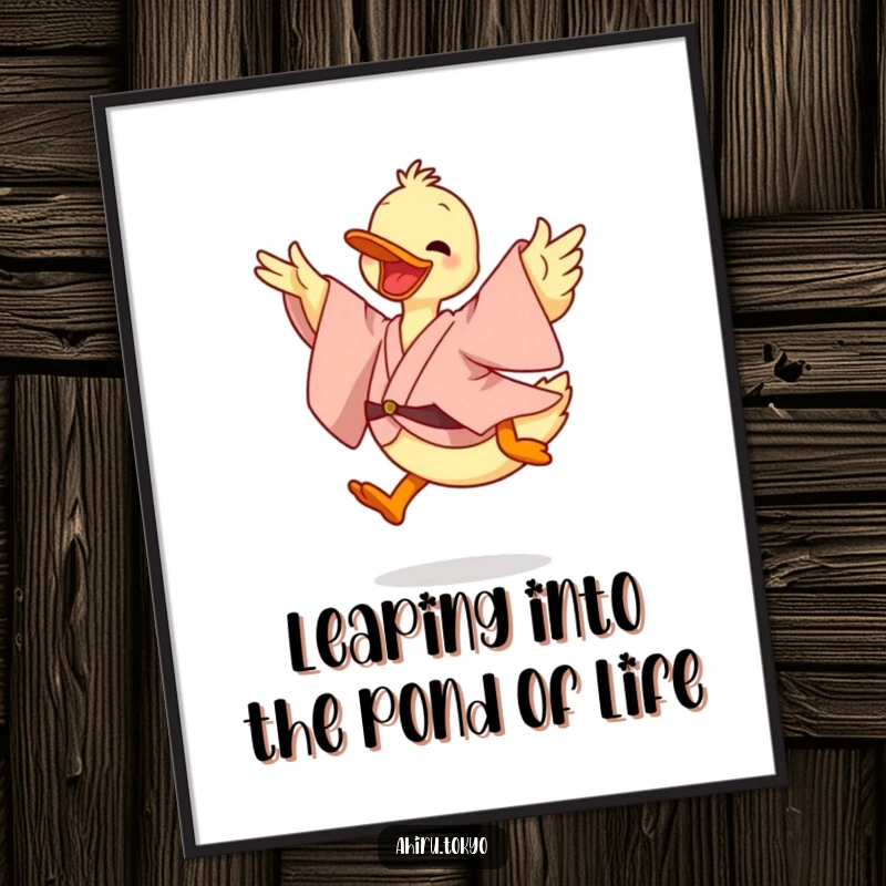 Funny Free Printable Wall Art: A duck in a flowing kimono performs a cheerful, energetic leap, capturing movement and joy.