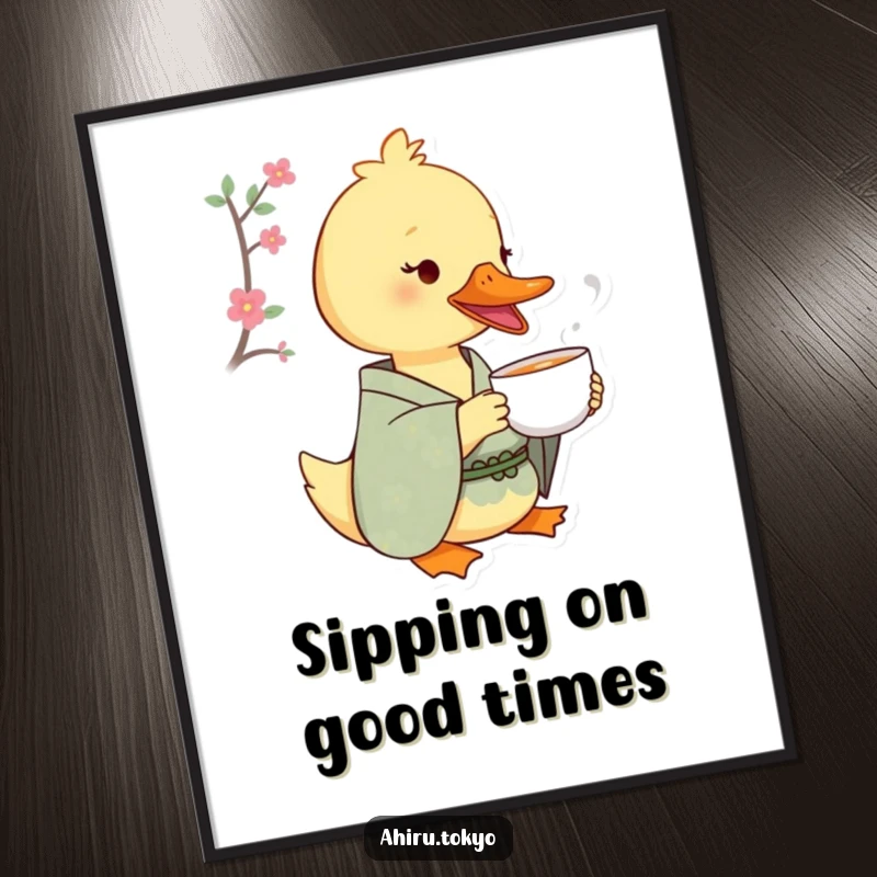 Funny Free Printable Wall Art: A duck in a patterned kimono sips tea from a tiny cup, exuding pure delight and calm.