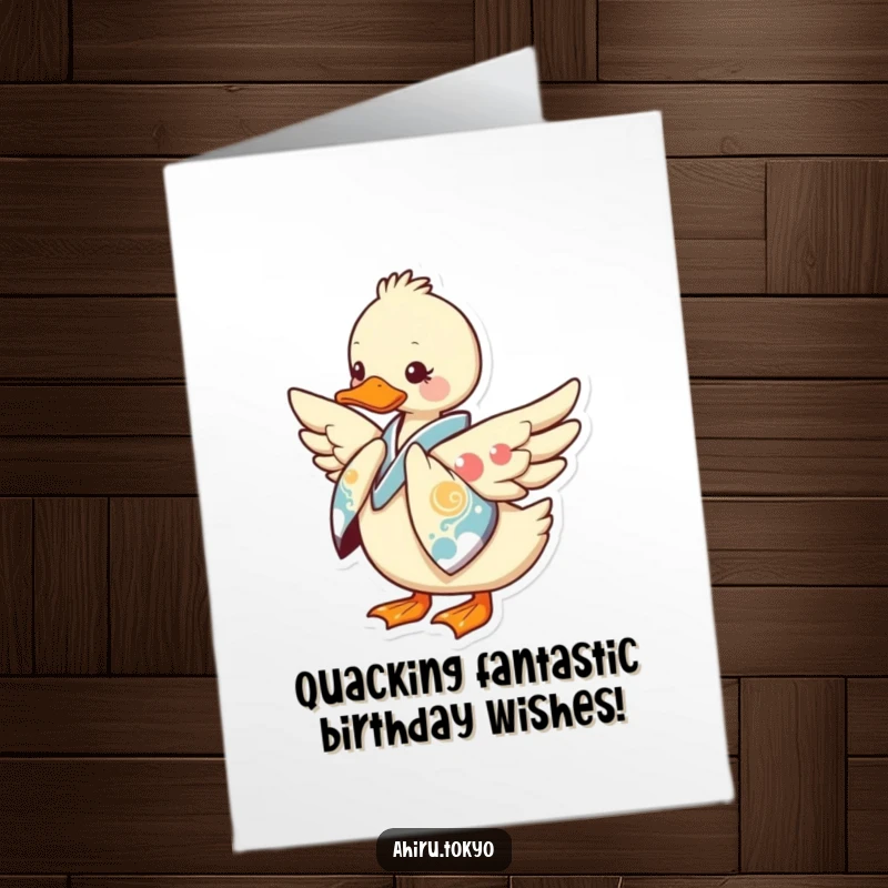 Funny Free Printable Birthday Card featuring a duck in a colorful kimono bowing gracefully with one wing out.