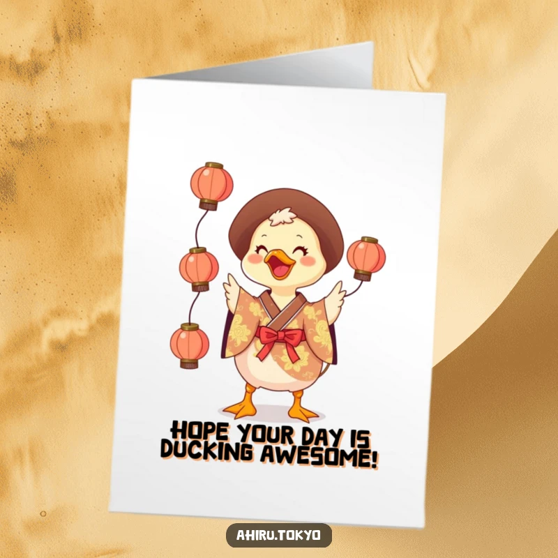 Funny Free Printable Birthday Card: A happy duck in a kimono expertly juggles three small lanterns with a smile.