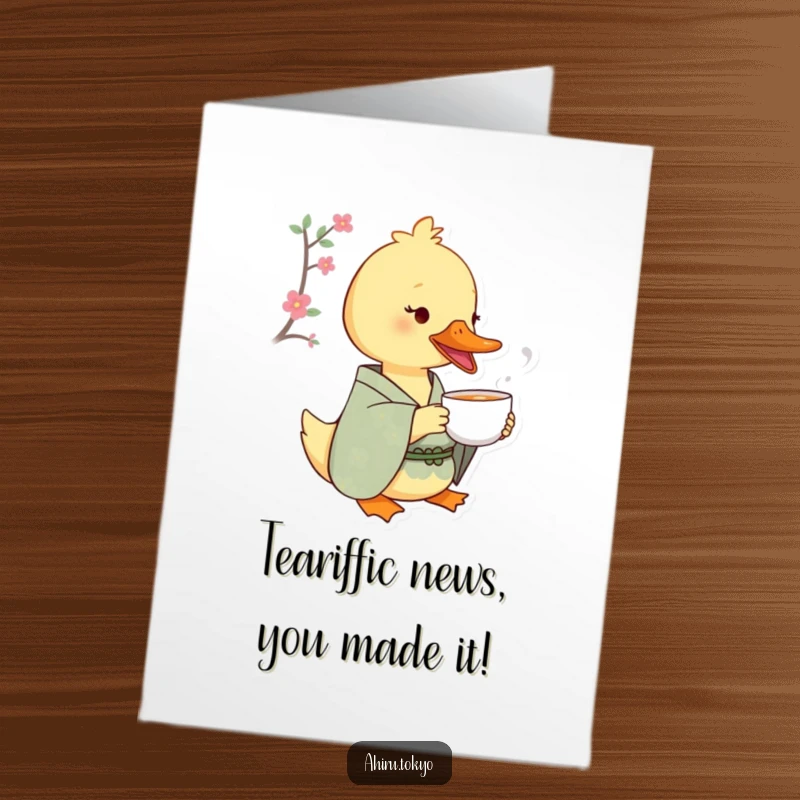 Funny Free Printable Congratulations Card: A duck in a patterned kimono savors tea from a tiny cup, radiating sophisticated happiness.