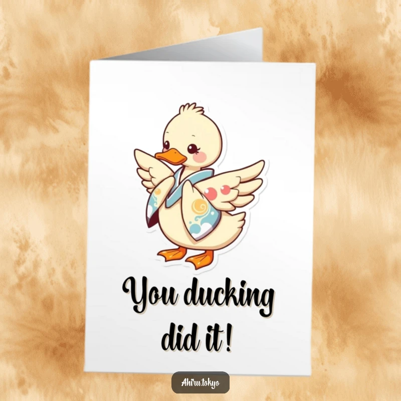 Funny Free Printable Congratulations Card with a duck in a kimono bowing elegantly, ready to celebrate your wins.