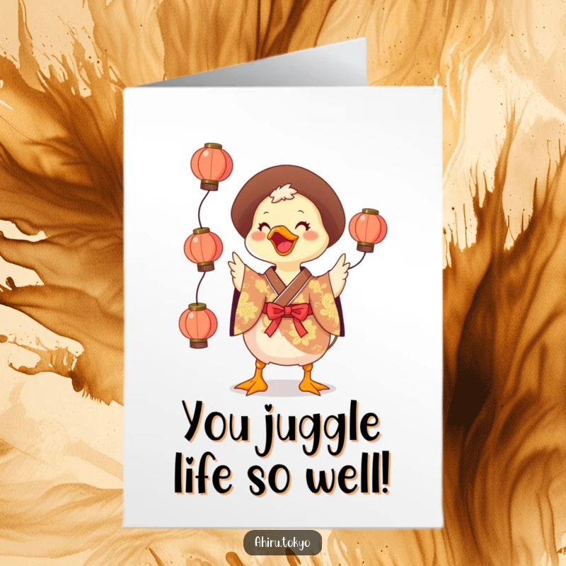 Funny Free Printable Congratulations Card: A smiling duck in a vibrant kimono skillfully juggles bright lanterns, celebrating achievements.