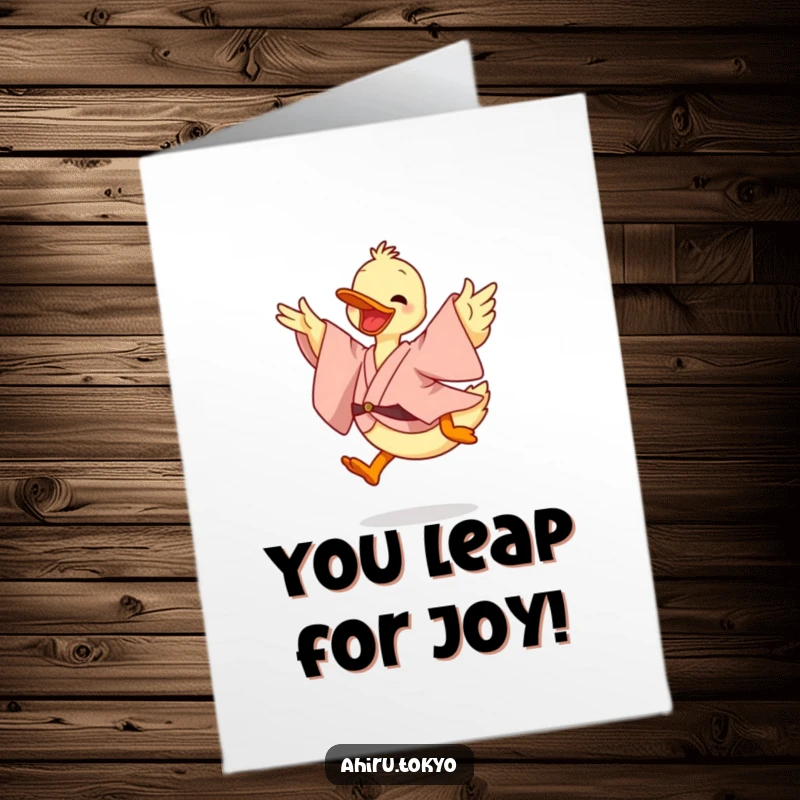 Funny Free Printable Congratulations Card: A duck in a flowing kimono executes a cheerful, high-energy leap to celebrate big.