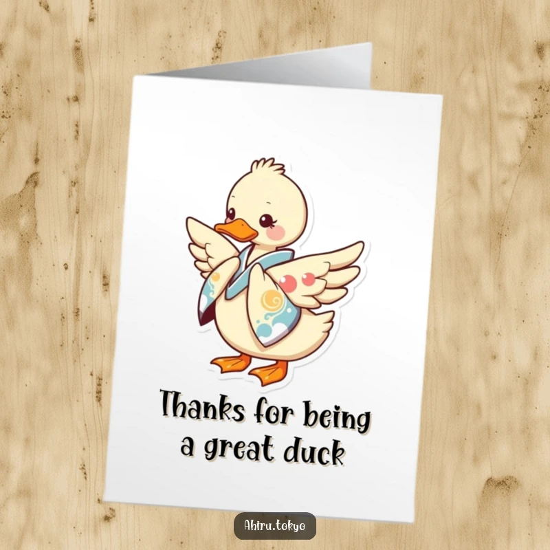 Funny Free Printable Thank You Card: A duck in a kimono bows with grace, expressing thanks with humor.