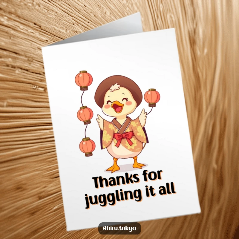 Funny Free Printable Thank You Card: A duck in a kimono juggles lanterns with a cheerful grin, perfect for thanks.