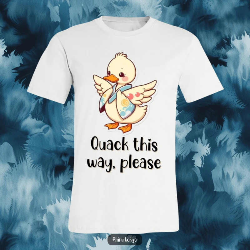 Funny Kimono Duck T-Shirt: A charming duck dons a vibrant kimono, extending a wing in a graceful, polite bow, radiating quiet humor.