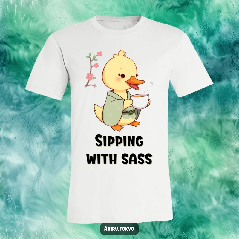Funny Tea Sipping Duck T-Shirt: A duck dons a patterned kimono, delighting in a sip of tea from a tiny cup.