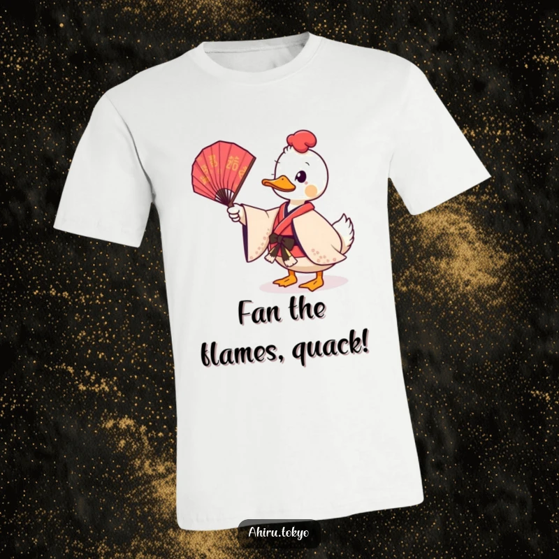 Funny Twirling Fan Duck T-Shirt: A duck in a ceremonial kimono playfully twirls a decorative fan, exuding stylish humor.
