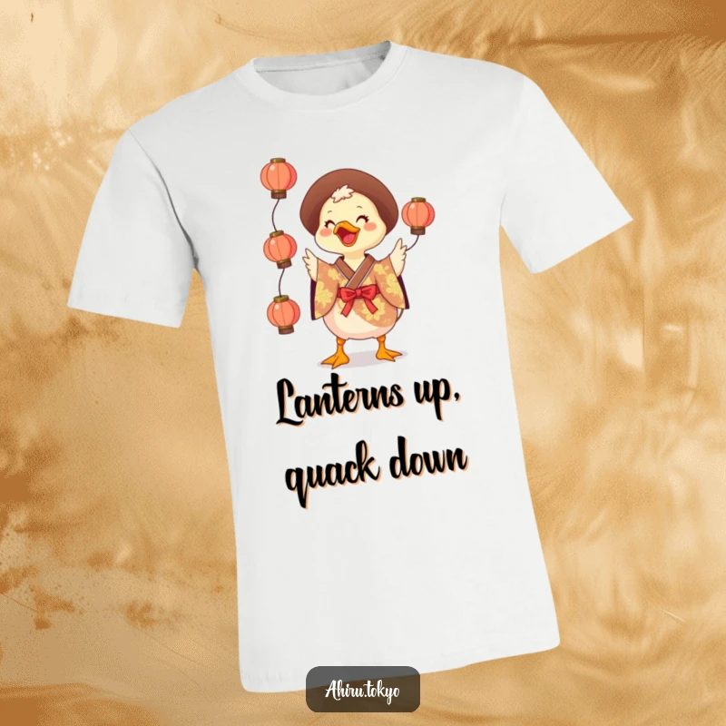 Funny Juggling Duck T-Shirt: A smiling duck in a bright kimono skillfully juggles small, round lanterns, radiating pure, playful fun.