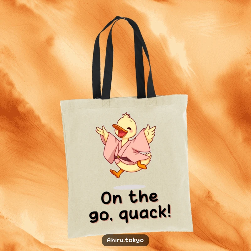 Funny Leaping Duck Tote Bag: A duck in a flowing kimono leaps energetically, a perfect, humorous accessory for daily adventures.